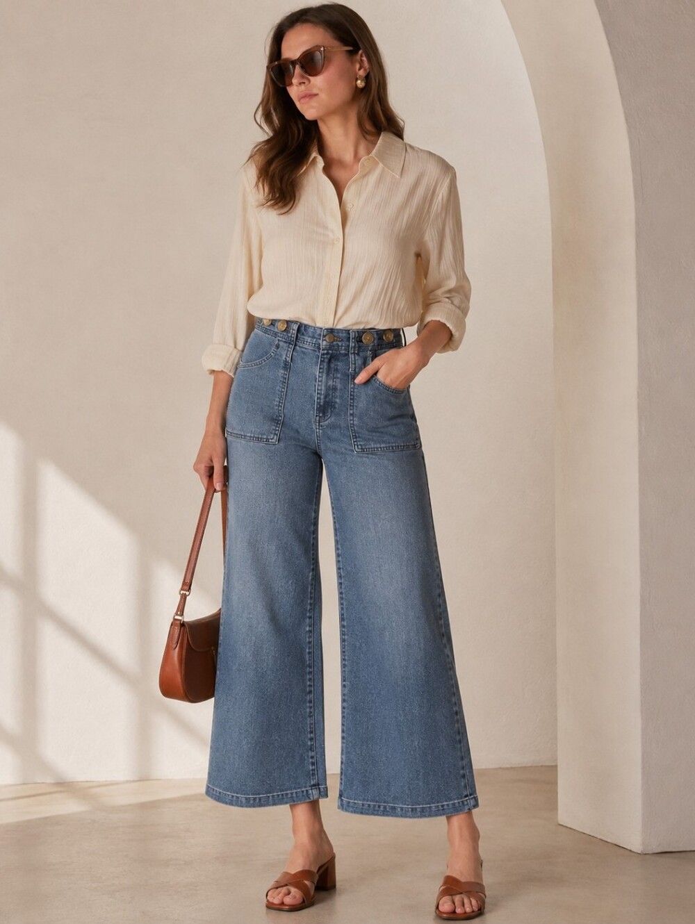 Retro High-Rise Wide Leg Cropped Oversize Pocket Pintuck Corset Back Jeans